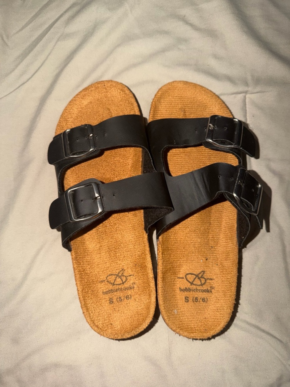 Bobbie Brooks Black Slide Sandals with Tan Footbed